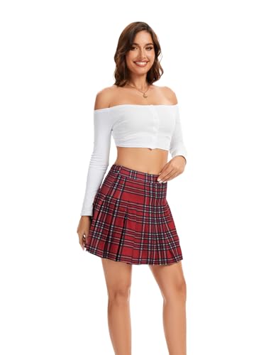 Image of Shestellar Stretchy Short Pleated Skirts for Women Cheerleader Uniform High Waist A-line Mini Skirt Red Plaid XL