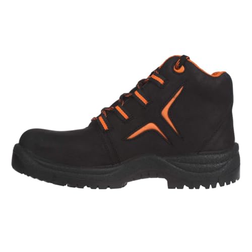 Image of BLACK+DECKER Black Nubuck Leather High Ankle Safety Shoes for Men | Antislip, Oil, Chemical Resistant & Sweat absorbing | Single Density | Steel Toe | BXWB0131IN | Size-06