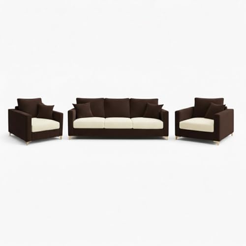 Image of Hayes Dual Tone Rich Velvet Suede 3+1+1 Seater Sofa Set | Golden Aesthetic Legs | Soft Touch Comfort Seating | 5 Person Seating | Modern Living Room Set (Dark Brown & Cream)