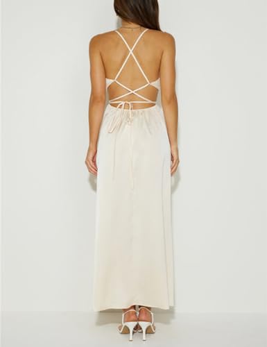 Image of Women's Satin Cowl Neck Backless Maxi Dress Sexy Tie Back Spaghetti Strap Ruched Wedding Guest Slit Long Dresses