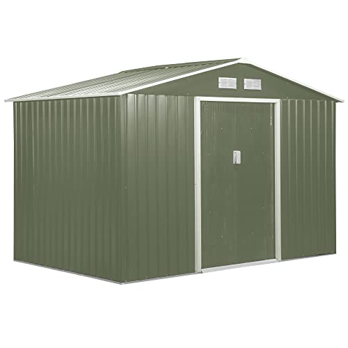 Outsunny Casetta da Giardino con Base e Doppie Porte Scorrevoli, Capanno da Giardino in Acciaio, 277x195x192cm, Verde Chiaro