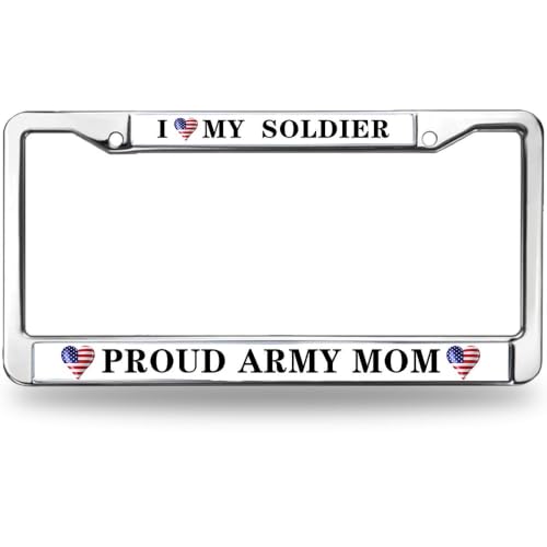 Image of Proud Army Mom License Plate Frame I Love My Soldier Metal Car Tag Holder | Proud Army Mom License Plate Frame Metal Car Tag Holder Cover Fit Standard US Auto Trucks Exterior Accessories Gifts