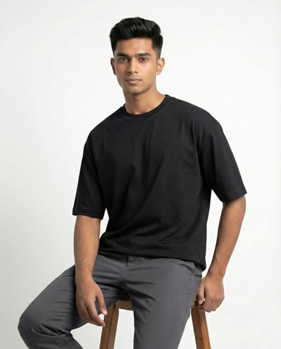 Image of Cotton Blend Oversized Solid T-Shirt for Men & Women | Round Neck Half Sleeve | Relaxed Fit | Lightweight & Breathable T- shirts for Casual Outings & Travel