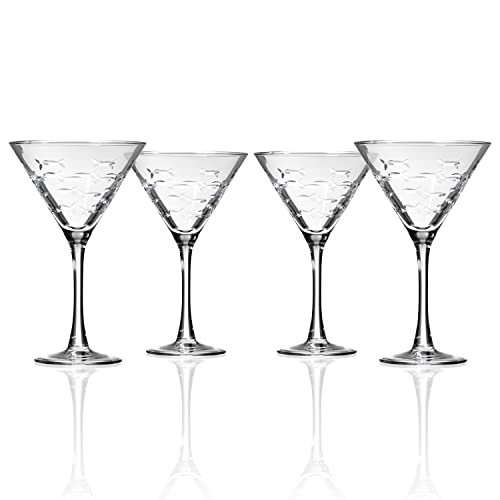 Rolf Glass School of Fish Martini Glass | Stemmed 7.5 oz. Martini Glasses | Lead-Free Glass | Diamond-Wheel Engraved Cocktail Glasses | Made in the USA (Set of 2)