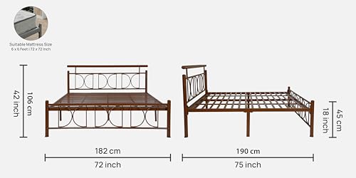 Image of Mexo Metal King Size Bed Without Storage | Wrought Iron Double Bed with Headboard & Footboard | Sturdy Powder Coated Platform Bed King Size Cot for BedroomLivingRoom Brown (75x72)