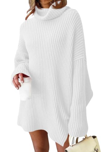 Fisoew Damen Rollkragen Strickpullover Langarm Sweater Lang Pullover Oversized Pulloverkleid,Weiß,M