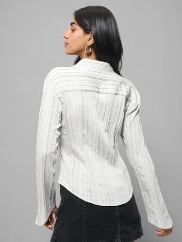 Image of The Souled Store Zipper Shirt: Women and Girls Full Sleeves Round Neck Textured Viscose Blend Slim Fit Lightweight Breathable Smart Casual Shirt for Everyday Summer Wear