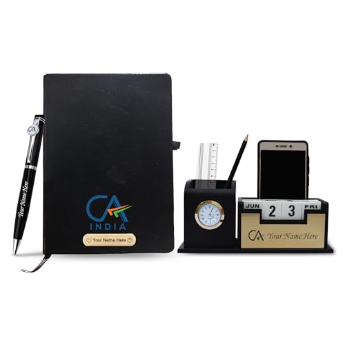 Image of SAVRI Personalized CA Gift Set - Pen Stand, Engraved CA Logo Pen & Black Diary with Name | Premium Gifts for Chartered Accountants & Financial Professionals - Black