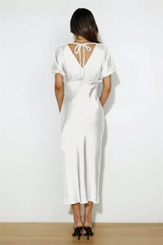 Image of Summer Satin V Neck Puffy Sleeves Empire Waist Midi Dresser Silk Sexy Tie Back Formal Cocktail Dresser for Women Wedding