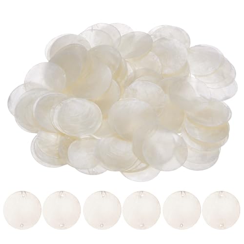 M METERXITY 100-Pack Round Shells Pieces 2 Inch Flat Round Natural Shell Charm with Hole Discs Sea Shells Coin Bead Connector for Wind Chimes/DIY Craft Hanging [White]