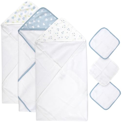 Image of Jessica Simpson Baby 6-Piece Hooded Towel & Washcloth Set - Soft Polyester Hooded Towels + Matching Washcloths - Blue & Neutral Floral Design