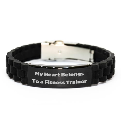 Fitness Trainer Funny Inspirational Gifts for Her My Heart Belongs To A Fitness Trainer Adjustable Glide lock Clasp Black Stainless Steel Silicone Wristband Birthday Presents from Sweetheart Husband