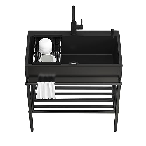 CSXSXAUO Fregadero de Cocina Negro, Fregadero de Barra Independiente de Acero Inoxidable con un Solo Lavabo y Grifo extraíble (69 x 45 cm / 27,1 x 17,7 Pulgadas)
