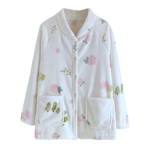Bed Jackets for Women Ladies Fleece Lounge Wear Flannel Button Down Pyjamas Autumn Winter Home Clothers Nightwear (UK Alpha M Regular Regular Beige)