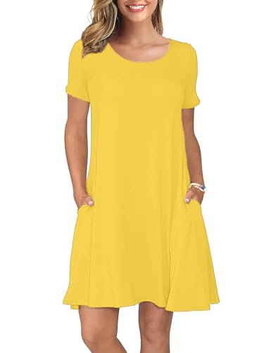 KORSIS Summer Dress for Women Yellow L Casual T-Shirt Short Sleeve Dresses Swing Flowy Beach Vacation Sundress with Pockets