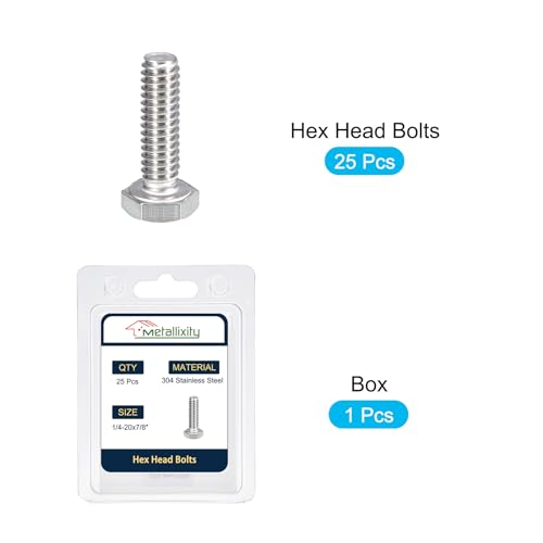 Image of METALLIXITY Hex Head Bolts (1 /4-20 x 7 /8 inch) 25Pcs, 304 Stainless Steel 18-8, Fully Threaded, External Hex Drive, Plain Finish, Hex Head Screw Bolt, Silver