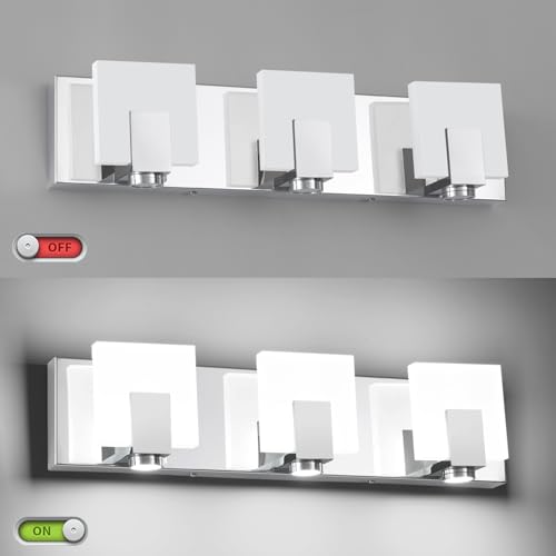 Image of SOLFART Bathroom Vanity Lights Over Mirror 3 Lights Modern Chrome Bath Light Fixtures Stainless Steel Acrylic Shade