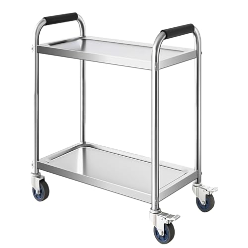 BREZO 2 Tier Stainless Steel Cart, Kitchen Trolley Cart, Serving Cart 33.4x17.7x35.4 Inch, Kitchen Utility Rolling Cart, Thickened Armrests (Size : L 31.4