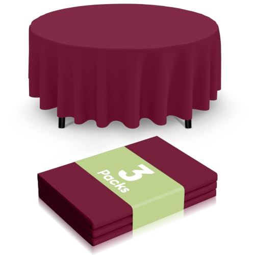 Image of Smiry Disposable Table Cloth 3 Pack, 84 Inch Round Waterproof Plastic Tablecloth, Decorative Round Table Covers for Party, Birthday, Picnic, Wine Red