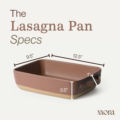 Image of Mora Ceramic Baking Dish with Handles For Casserole, Lasagna, Gratin, Broiling, Roasting, and Baking. Large 9x13 in Pan, Extra Deep - Porcelain Serving Bakeware from Oven to Table. Freezer Safe - Teracotta