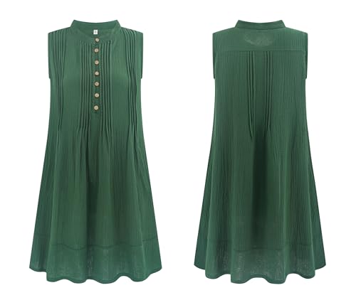 Image of R.Vivimos Sleeveless Cotton Casual Dresses for Women Summer 2026 Button Up Ruched Loose Tunic Mini Dress with Pockets
