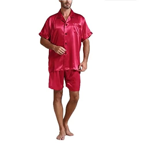 Gefomuofe Traje de casa para hombre, traje de chándal suave y agradable a la piel, pijama de seda moderno, transpirable, conjunto de pijama de verano, traje, ropa de dormir, rojo, M