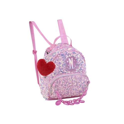 Mini Mochila Wandinha Addams Infantil Paetê Chaveiro (Rosa)