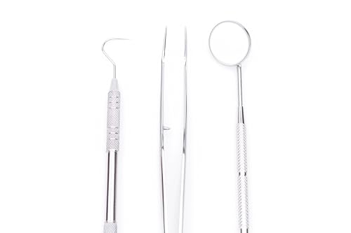Image of Teeth Cleaning Tools - Stainless Steel Dental Pick, Tartar Scraper, Tweezers, Mouth Mirror for Dentist Cabinet, Home, Pet Dental Care - Rustproof and Durable - Ergonomic and Easy to Clean