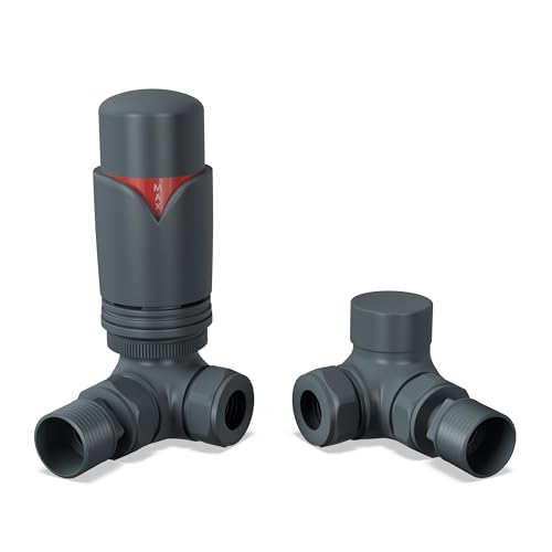 UK Radiators Thermostatic Radiator Valve (TRV) - 15mm Corner Lockshield - Anthracite Grey Colour - Energy Saving 1/2 x 15mm Brass Corner Valve
