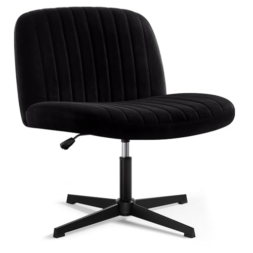 Criss Cross Chair, Velvet Armless Wide Office Chair no Wheels, Cross Legged Chair with Adjustable Height, Wide Seat, Desk Chair for Home, Office, Bedroom (Black)