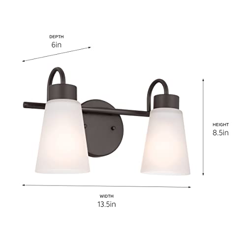 Image of Kichler Erma 2-Light Bathroom Vanity Light Fixture with Satin Etched Glass Shades, Updated Traditional Wall Sconce in Olde Bronze for Mirror (13.5 inch x 8.5 inch x 6 inch), 55125OZ