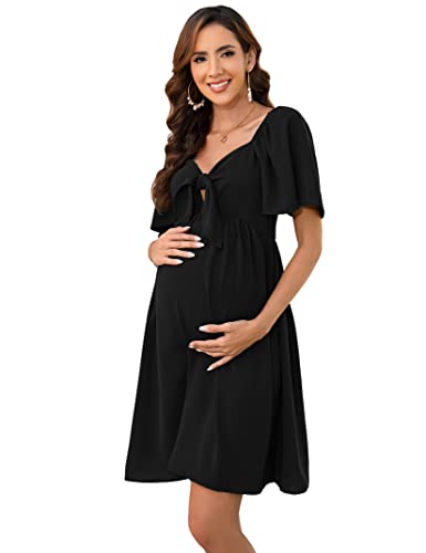 FUNJULY Maternity Dresses for Baby Shower Women's Knotted V Neck