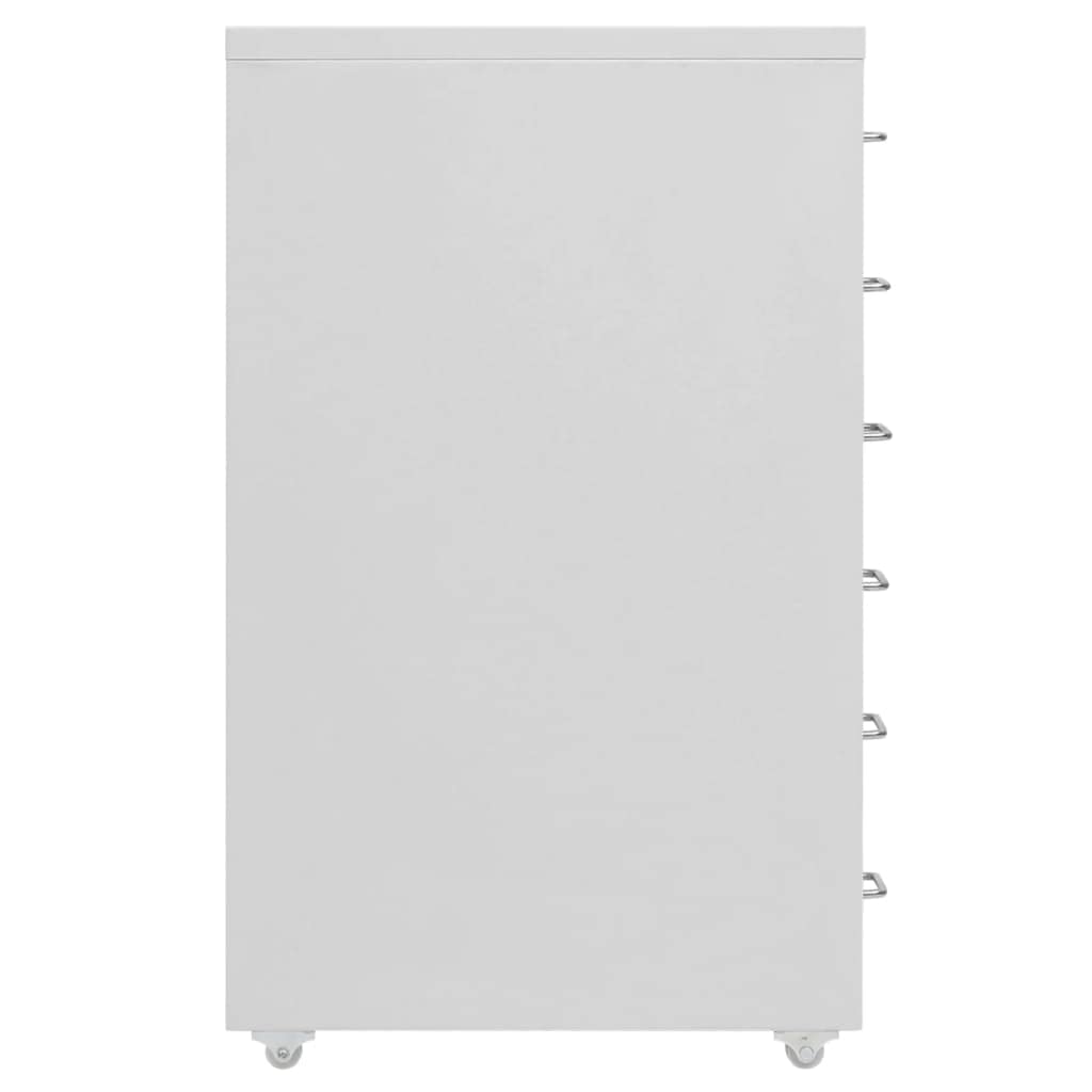 Metalowa szafka na dokumenty z 6 szufladami i 4 kółkami, 28 x 41 x 69 cm, szara, idealna do przechowywania dokumentów z tabliczkami z nazwiskiem w uchwytach, łatwa w utrzymaniu i trwała.