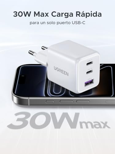 Miniatura 3 de UGREEN Zapix Cargador USB C 30W Enchufe iPhone Carga Rapida GAN (Bianco)
