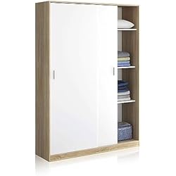 Habitdesign MAX120F - Armario 2 Puertas Correderas y Estantes, para Dormitorio o Habitacion,Acabado en Blanco Artik y Roble Canadian, Medidas: 120 cm (Largo) x 200 cm (Alto) x 50 cm (Fondo)