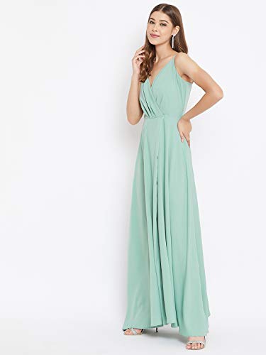 Image of Berrylush Women Green Solid Shoulder Straps Sleeveless Concealed Zip Closure Maxi Dress X-Large