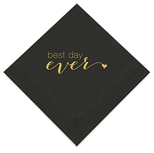 Weddingstar 3-Ply Gold Foil Cocktail Napkins Black - Best Day Ever