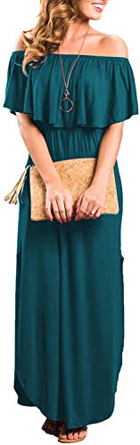 Image of Sarin Mathews Womens Off The Shoulder Ruffle Party Dress Casual Side Split Beach Long Maxi Dresses with Pockets