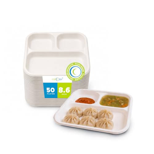 Image of EATONS White Bagasse 3-Compartment Disposable Meal Tray, 9 inch Pack of 50 | Eco-Friendly Compostable, Unbleached & Non-Toxic | Microwave & Freezer Safe, Leak-Proof | Party, Thali & Takeaway Plates