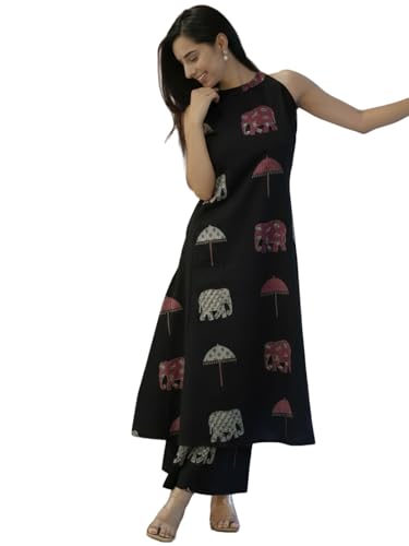 Image of GoSriKi Cotton Co Ord Set for Women | Kurta with Palazzo | Kurti for Woman | Black Printed Ethnic Outfit | Cord Style Dress | Stylish Indian Clothing Office Party Traditional Fashion Look