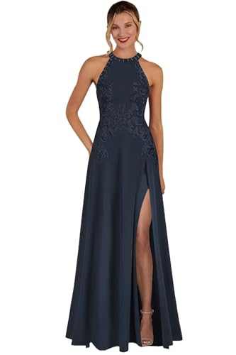 Women's Chiffon Mother of The Bride Dress with Slit Maxi Halter Lace Wedding Guest Dress VS191