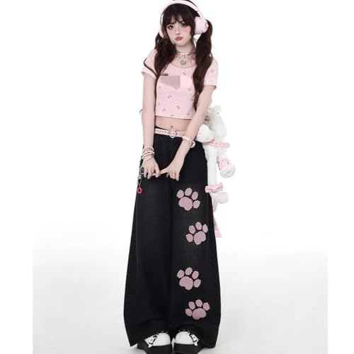 Women's Fresh Casual Pants, Sweet and Cool Girl Style, Pink cat paw Embroidery, Loose Wide Leg, Black Jeans3