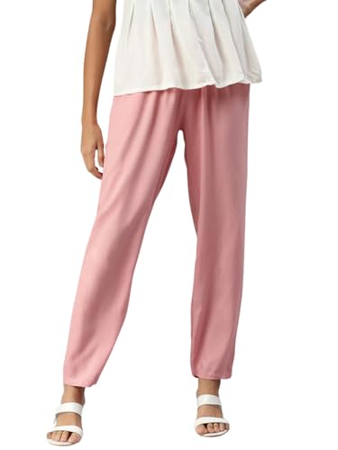 Image of Cadila Women's Cotton Drawstring Rayon Pants with Single Right Side Pocket, Liva Certified Pants M-L Dusty-Pink