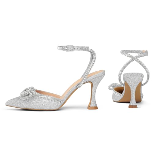mysoft Women's Rhinestone Bow Pumps Wedding Dress Shoes Pointed Toe Ankle Strap Kitten Heels3