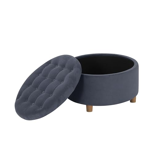 Image of HomePop 28 inch Button Tufted Velvet Round Storage Ottoman - Steel Blue Velvet