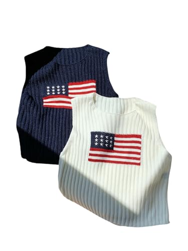 SweatyRocks Women's 2 Pack American Flag Sweater Vest Crew Neck Knitted Tank Top