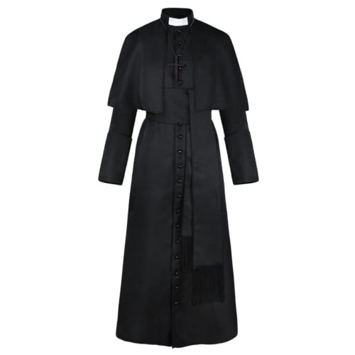 Clergy Robe Priest Costume for Men Medieval Praise Worship Tunic Outfit for Exorcist Cosplay&Church/Monk Themed Events Black