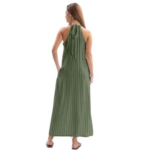 Image of Amazhiyu Women's Linen Striped Halter Sleeveless Maxi Dresses Summer with Pockets