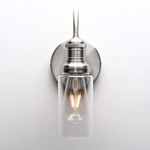 Image of PERMO Industrial Vintage Sconce Wall Mount Single Sconce with 3.1 inch Cylindrical Clear Glass Shade Wall Light Lamp Fixture (Brushed)