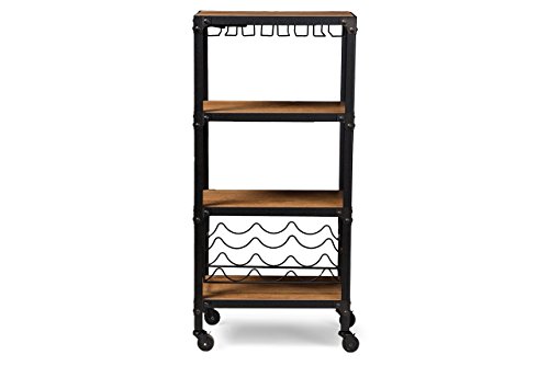 Baxton Studio Swanson Rustic Industrial Style Antique Black Textured Finish Metal Distressed Wood Mobile Kitchen Bar Wine Storage Shelf #TOP5